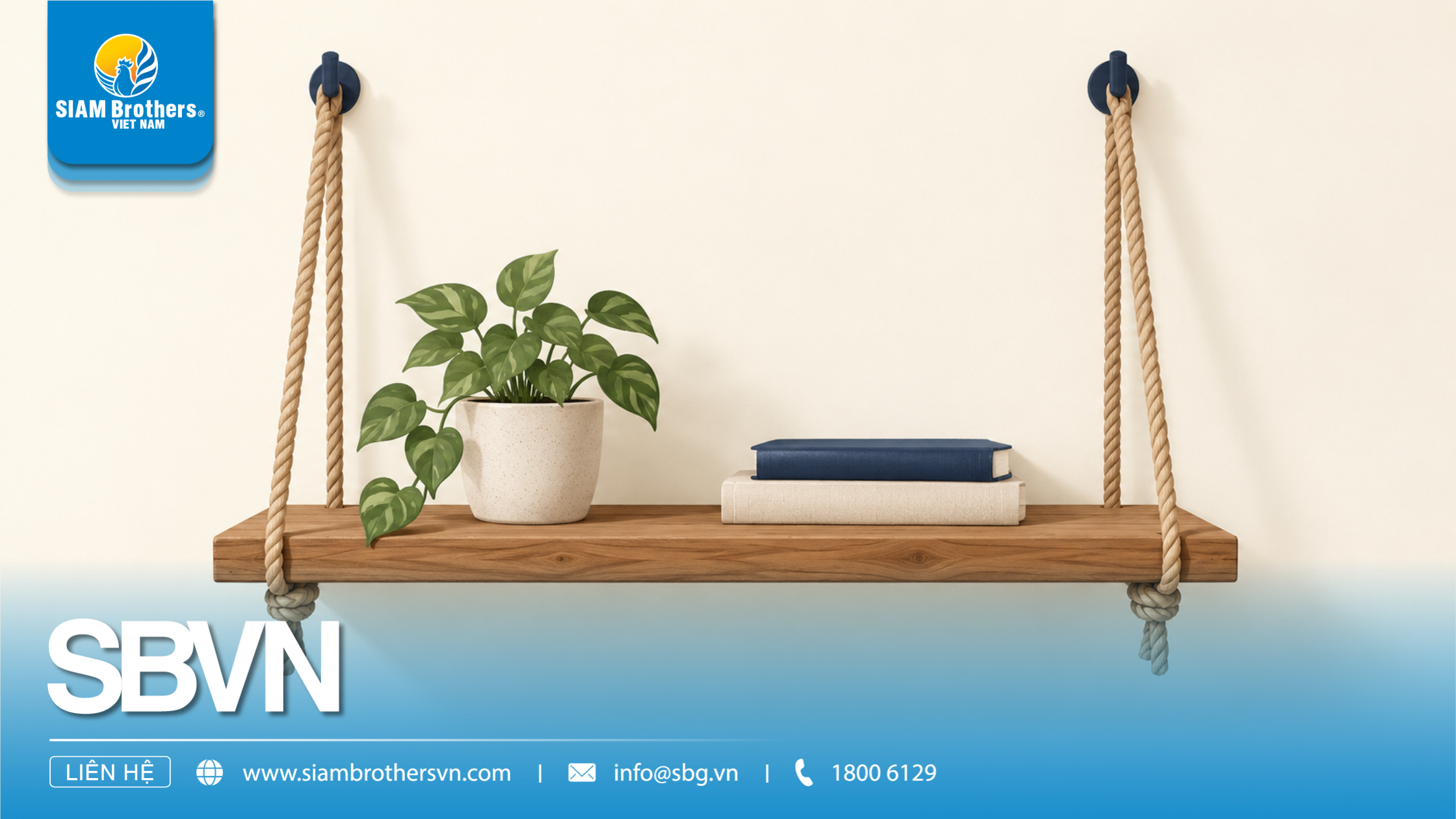 Wooden hanging shelf made as a rope DIY project.