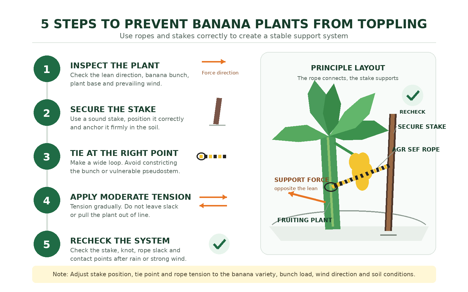 Five steps showing how to prevent banana plants from toppling.