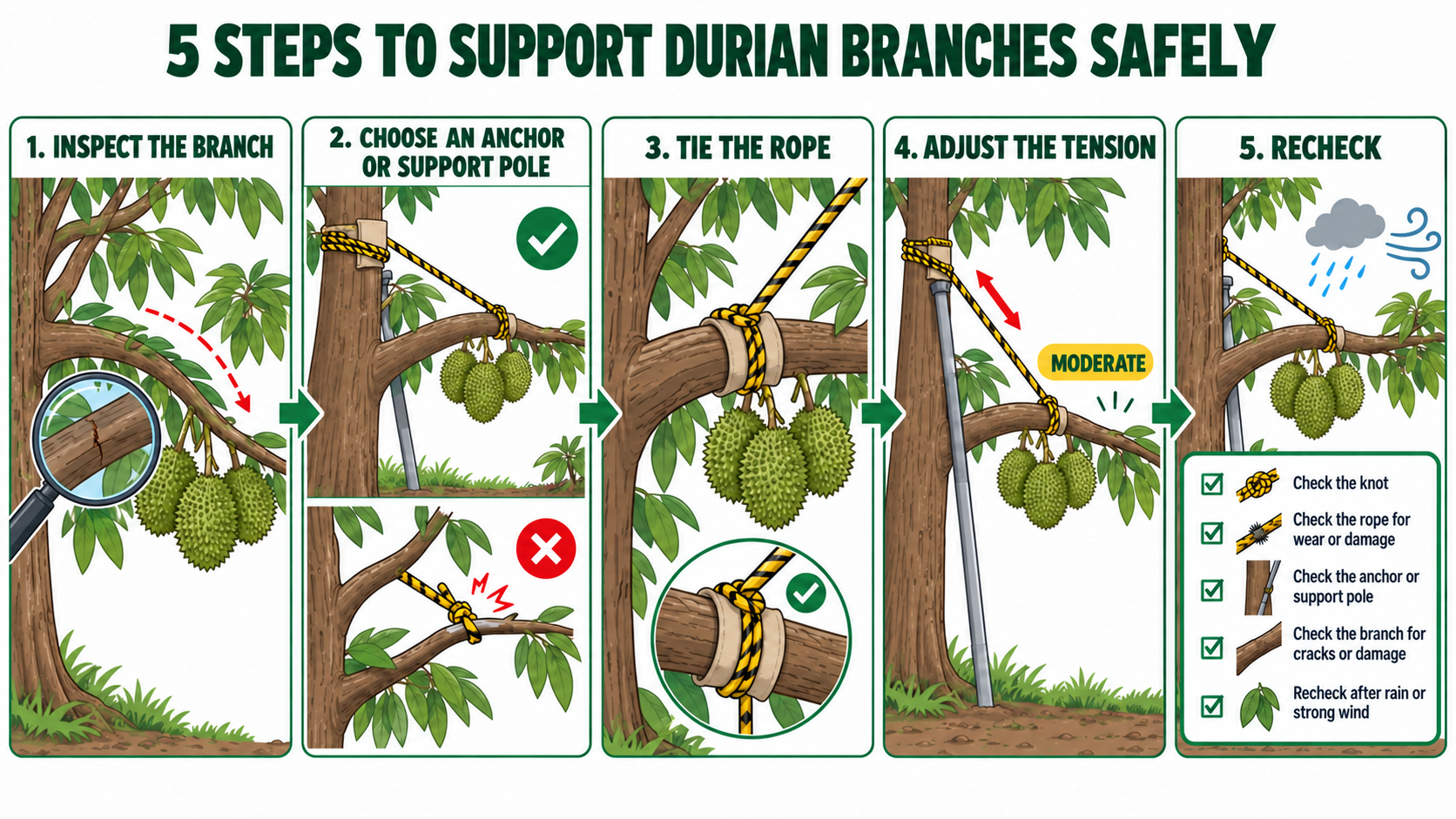 Five steps explaining how to prevent durian branches from breaking during fruit development.