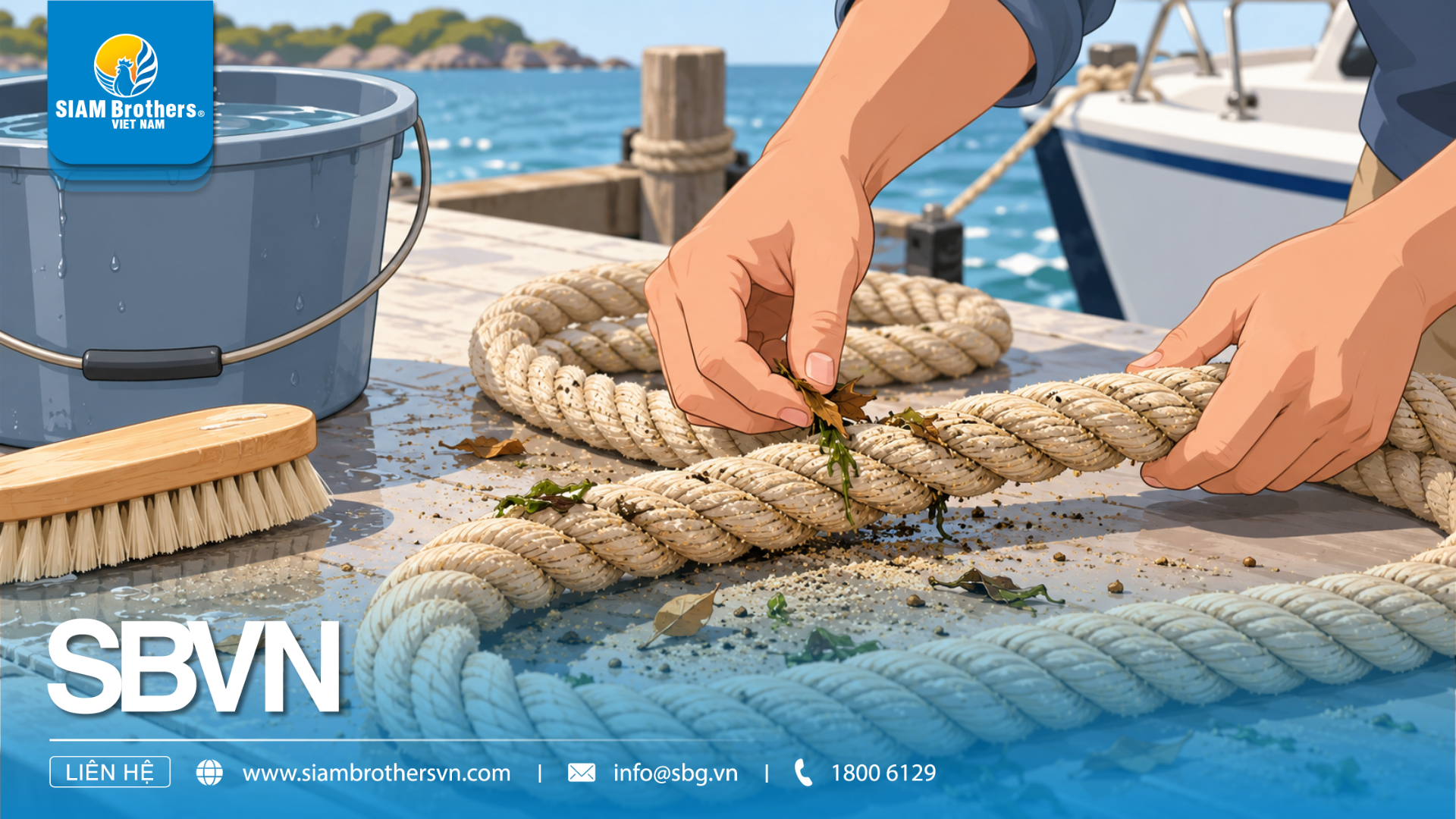 Hands removing leaves and sand from a rope beside a bucket of water and a soft brush.