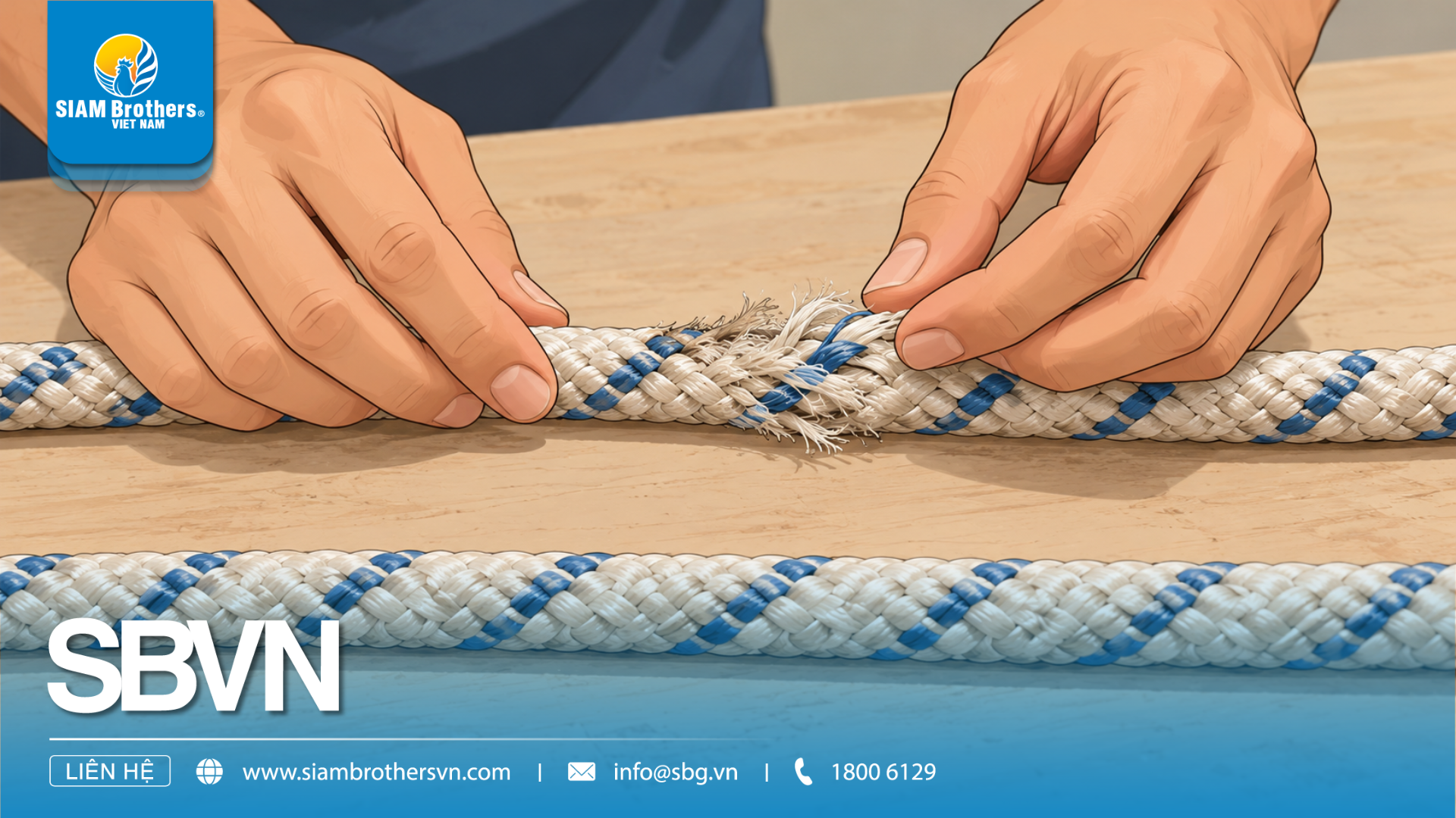 Hands examining a frayed section of braided rope and comparing it with an intact section.