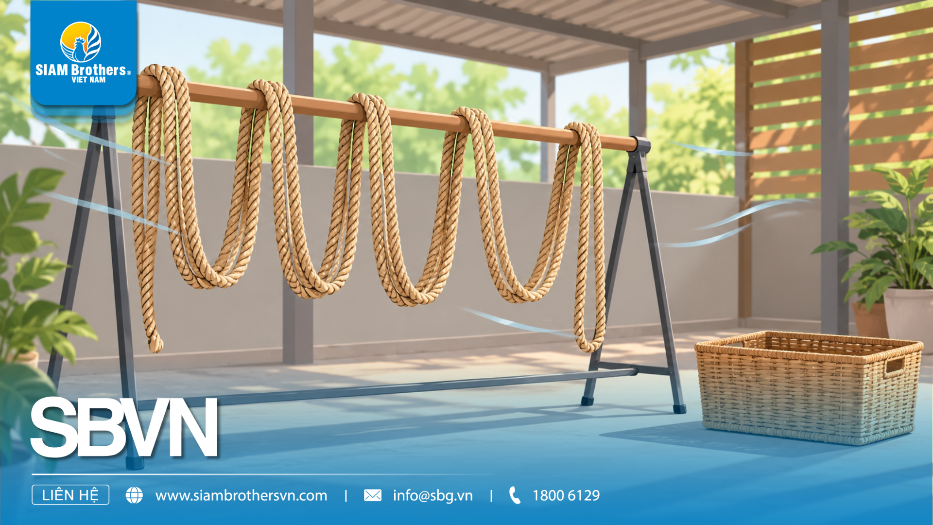 Rope hanging in loose loops on a rack in a shaded, well-ventilated area.