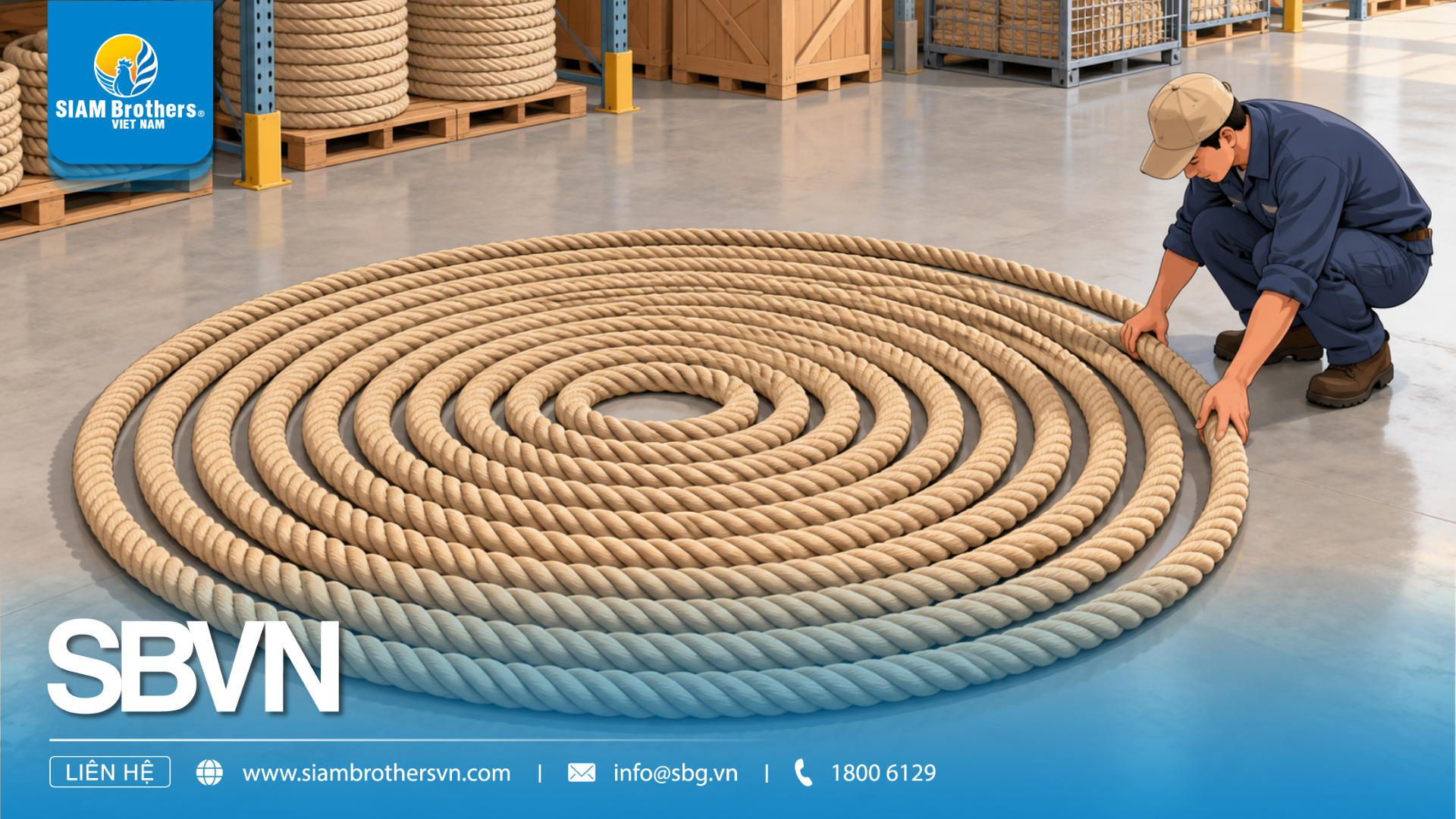 A worker arranging a long, thick rope into wide, flat loops on a warehouse floor.