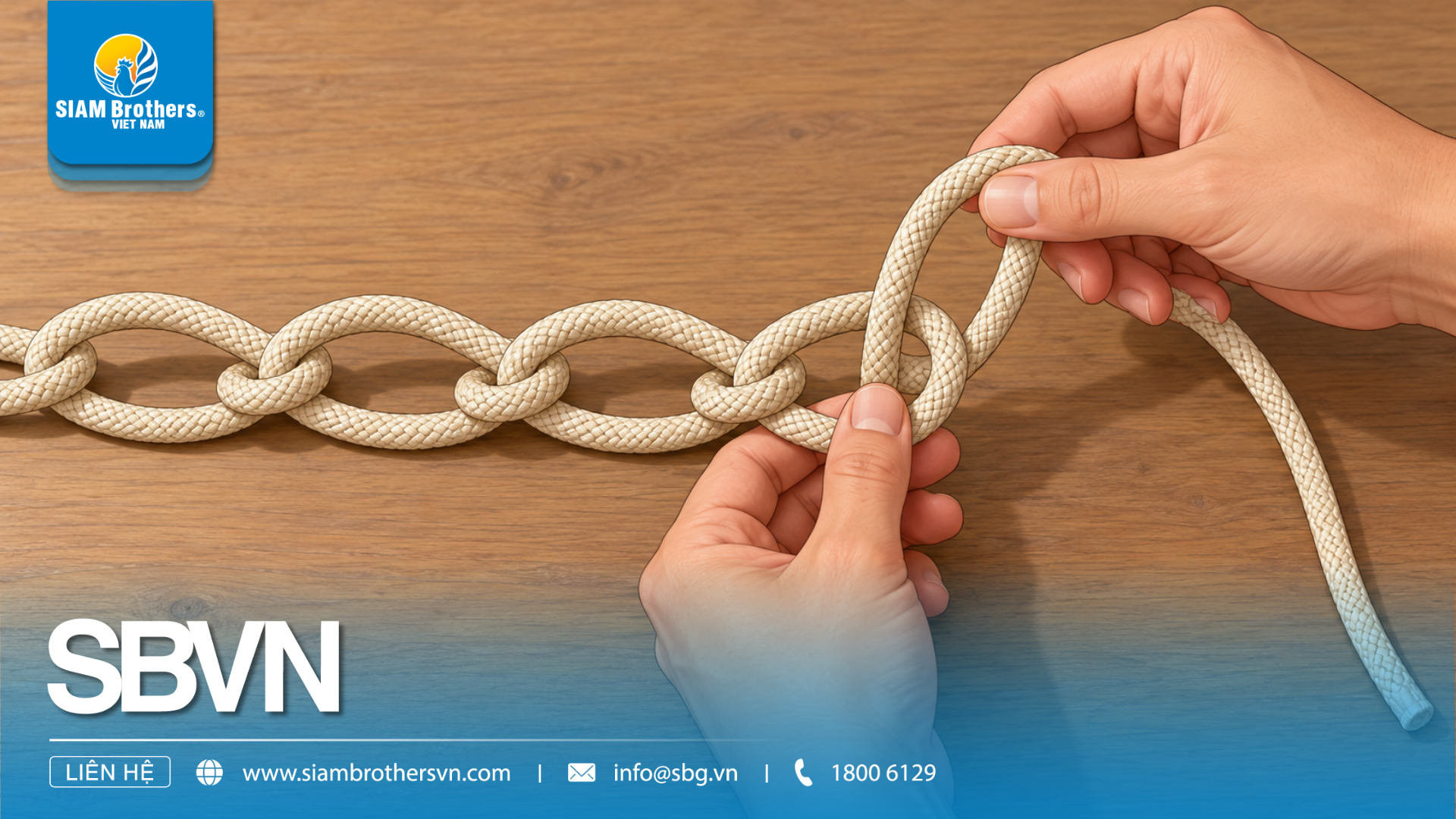 Hands forming a chain sinnet by pulling a new loop of rope through the previous loop.