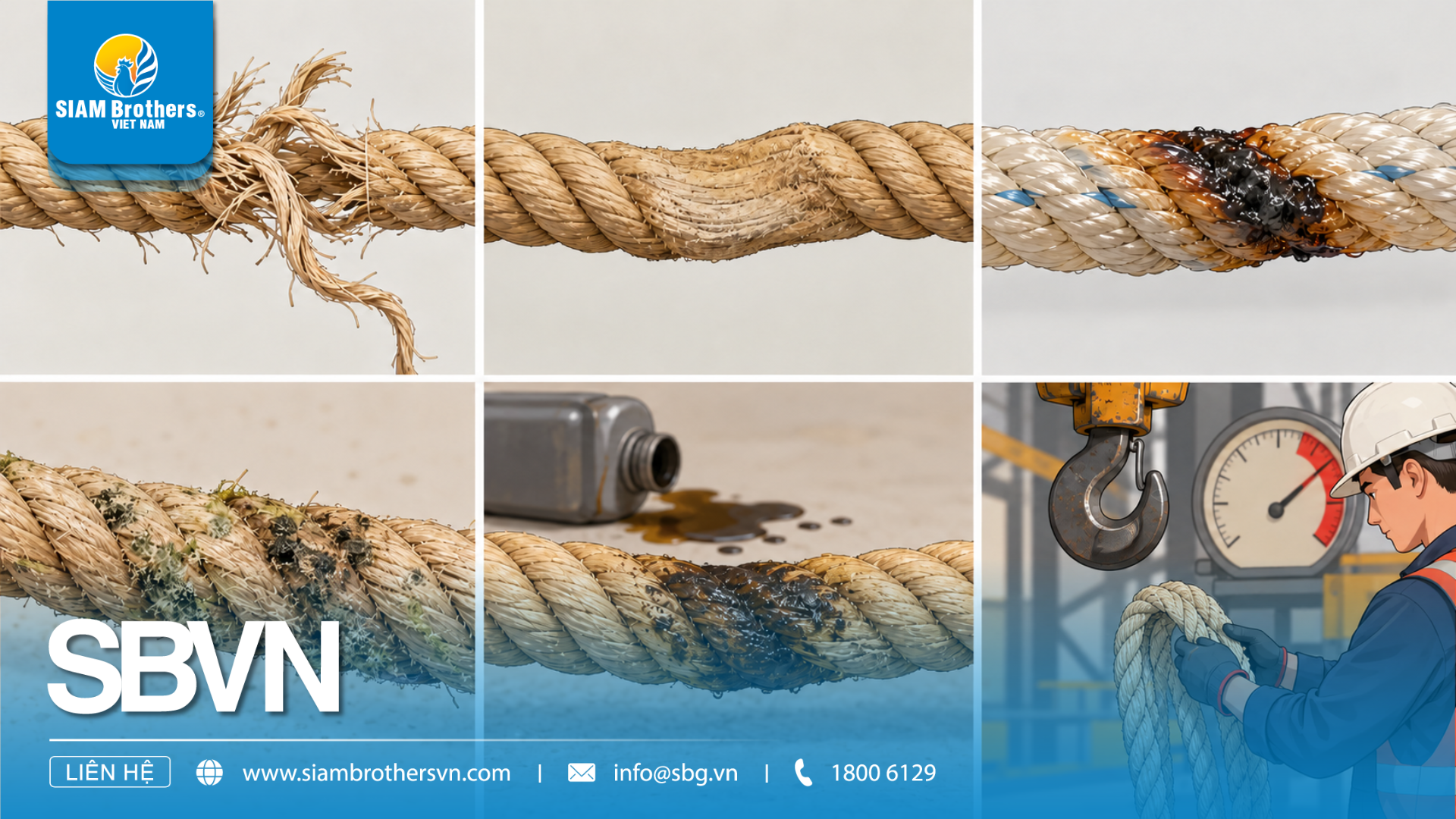 Six examples of rope concerns: frayed fibers, deformation, heat damage, mold, an unknown stain, and a past overload incident.