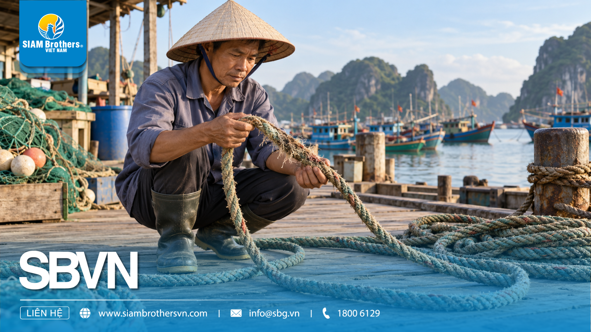 Người đánh cá kiểm tra dây thừng cũ được trải trên cầu cảng, chú ý một đoạn dây bị sờn.