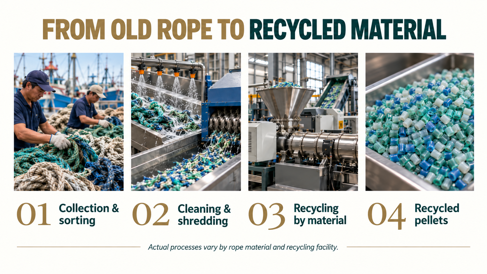 An infographic showing four stages of rope recycling: collection and sorting, cleaning and shredding, recycling by material, and producing recycled pellets.
