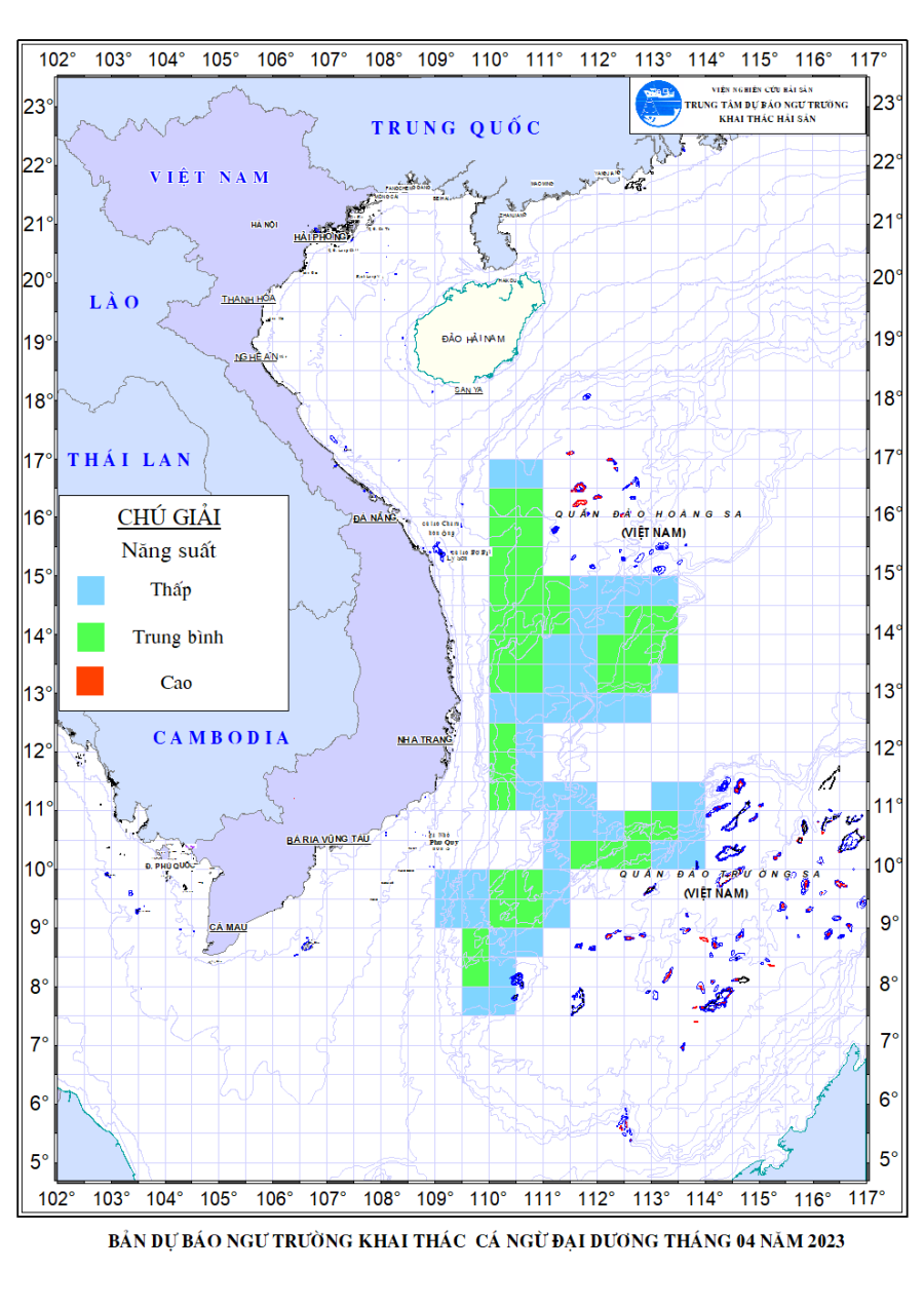 Hình 3: Bản dự báo khai thác cá ngừ đại dương tháng 4/2023