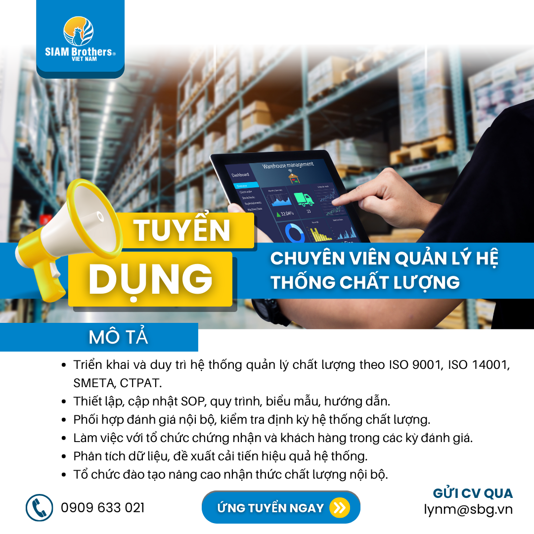 TUYỂN DỤNG: CHUYÊN VIÊN QUẢN LÝ HỆ THỐNG CHẤT LƯỢNG